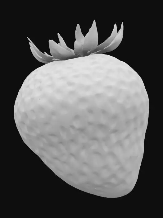 3D model for "Generate a lifelike strawberry model with a plump, slightly elongated shape, crowned by small green leaves. Half or more of the berry is dipped in smooth chocolate, leaving a clean diagonal line between the red fruit and the chocolate coating. Include a small decorative drizzle or swirl on the chocolate side for a gourmet touch."

