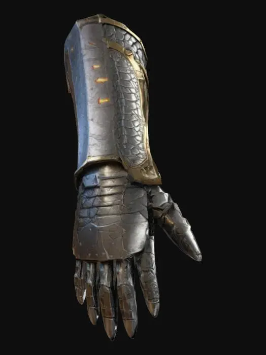 3D model for #ChronoForgeWeapon#, Design a formidable gauntlet infused with prehistoric dinosaur scales, medieval plate segments, and a futuristic nanotech framework. The fingers should end in reinforced claws, each housing a tiny energy emitter. Integrate etched runes or heraldic symbols across the metal plates, and highlight a glowing, high-tech control module on the forearm to suggest advanced temporal manipulation capabilities.