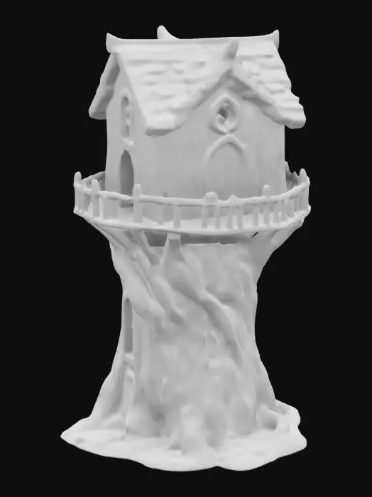 3D model for "Design a realistic, spacious house carved into a colossal tree trunk. The trunk should stand upright with a flattened top, wide enough for multiple rooms. Carve doors and windows into the bark, some with rounded frames. Add wooden balconies jutting out at varying heights. Integrate a winding exterior staircase that wraps around the trunk. Use a small roof over the main entrance—made of curved, overlapping wooden shingles. Include gnarled roots at the base, creating a natural foundation."

