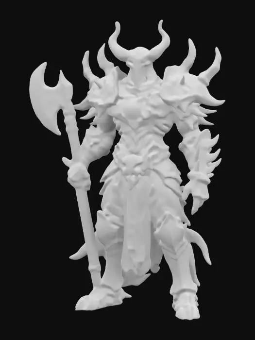 3D model for #ChronoForgeWeapon#, Design a Nightmare Guardian, a towering armored entity blending prehistoric, medieval, and futuristic elements. Its core body is an exoskeletal frame of fossilized bone fused with medieval plate armor, featuring glowing runic engravings. Spiked gauntlets hold a massive hybrid weapon—a jagged stone axe on one side, a plasma-infused blade on the other. Its head is a futuristic helm with shifting, ethereal engravings. Tattered, ancient cloaks flow from its shoulders. 