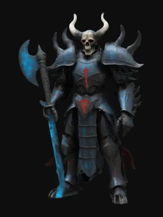 3D model for #ChronoForgeWeapon#, Design a Nightmare Guardian, a towering armored entity blending prehistoric, medieval, and futuristic elements. Its core body is an exoskeletal frame of fossilized bone fused with medieval plate armor, featuring glowing runic engravings. Spiked gauntlets hold a massive hybrid weapon—a jagged stone axe on one side, a plasma-infused blade on the other. Its head is a futuristic helm with shifting, ethereal engravings. Tattered, ancient cloaks flow from its shoulders. 