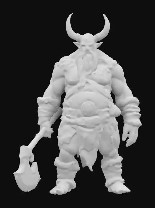 3D model for Design a hulking, barbarian-like creature with a muscular, beastly physique. Its body is wrapped in tattered furs and armor scraps, with jagged horns or tusks protruding from its face. The skin is scarred and covered in tribal markings. It wields a massive, chipped stone axe or spiked club. Texture the skin rough with visible veins, the furs coarse and battle-worn, and the weapon’s wood splintered with a weathered stone or rusted metal head, #ChronoForgeWeapon#