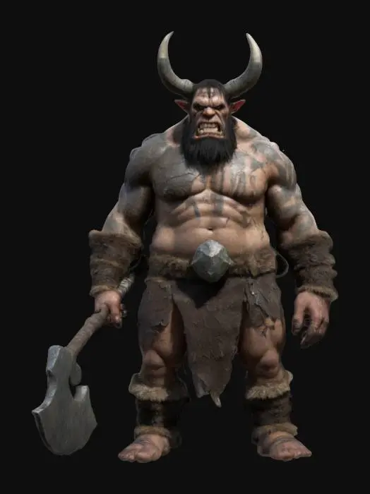 3D model for Design a hulking, barbarian-like creature with a muscular, beastly physique. Its body is wrapped in tattered furs and armor scraps, with jagged horns or tusks protruding from its face. The skin is scarred and covered in tribal markings. It wields a massive, chipped stone axe or spiked club. Texture the skin rough with visible veins, the furs coarse and battle-worn, and the weapon’s wood splintered with a weathered stone or rusted metal head, #ChronoForgeWeapon#