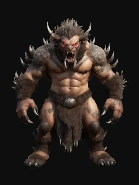 3D model for Design a fierce, beastly companion for a barbarian warrior. The creature should be massive, with a muscular, primal build covered in thick fur or armored scales. Its face should have sharp fangs, glowing eyes, and spiked ridges along its back. Large claws and a powerful stance make it appear battle-ready. Texture the fur or scales rugged and scarred, claws chipped from combat, and tribal markings glowing faintly along its body, showing its deep connection to its master., #ChronoForgeWeapon#