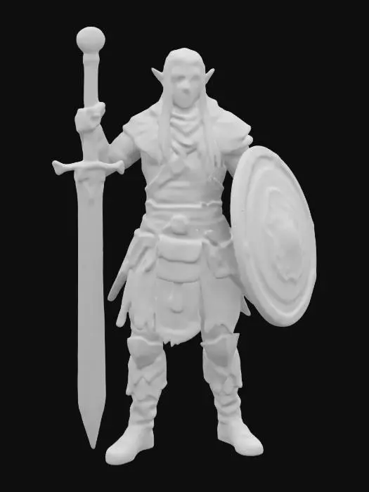 3D model for Design a heroic elf warrior with a lean, athletic build, dressed in a medieval-style tunic with layered leather armor. He should have pointed ears, flowing shoulder-length hair, and a confident yet humble stance. Equip him with a finely crafted sword featuring engraved runes, a sturdy shield with a crest, and a belt with pouches. His boots should be rugged, suitable for adventure. The expression should be determined yet kind, ready to defend his kingdom., #ChronoForgeWeapon#
