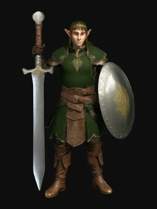3D model for Design a heroic elf warrior with a lean, athletic build, dressed in a medieval-style tunic with layered leather armor. He should have pointed ears, flowing shoulder-length hair, and a confident yet humble stance. Equip him with a finely crafted sword featuring engraved runes, a sturdy shield with a crest, and a belt with pouches. His boots should be rugged, suitable for adventure. The expression should be determined yet kind, ready to defend his kingdom., #ChronoForgeWeapon#
