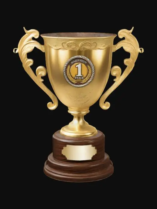 3D model for Design an elegant 1st place award featuring a large, ornate gold trophy cup mounted on a polished wooden or marble base. The cup should have intricate engravings and decorative handles curling outward. A bold, embossed '1st' emblem should be centered on the front. Optionally, include a ribbon or laurel wreath around the base, symbolizing victory. Ensure a balanced, prestigious design that radiates excellence and grandeur., #ChronoForgeWeapon#