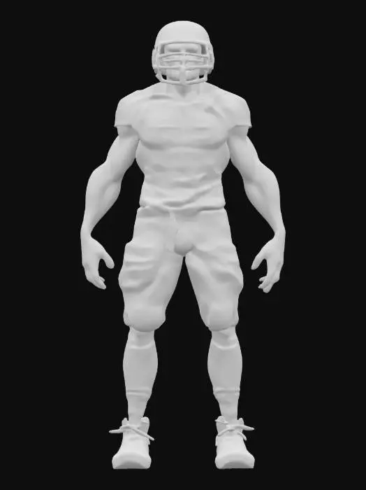 3D model for Design a terrifying zombie football player wearing a tattered and bloodstained San Francisco 49ers uniform. The jersey should be ripped, exposing decayed flesh and bone beneath. The helmet should be cracked with a partially missing facemask, revealing a grotesque, rotting face with hollow eyes and exposed teeth. One shoulder pad should be broken, and cleats should be worn down. The stance should be aggressive, as if ready to lunge forward., #ChronoForgeWeapon#