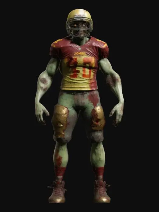 3D model for Design a terrifying zombie football player wearing a tattered and bloodstained San Francisco 49ers uniform. The jersey should be ripped, exposing decayed flesh and bone beneath. The helmet should be cracked with a partially missing facemask, revealing a grotesque, rotting face with hollow eyes and exposed teeth. One shoulder pad should be broken, and cleats should be worn down. The stance should be aggressive, as if ready to lunge forward., #ChronoForgeWeapon#