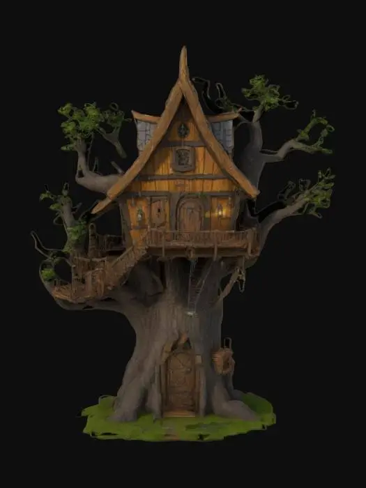 3D model for Design a Warcraft-style treehouse built into a thick, sturdy tree with a wide trunk and minimal branching. The house should be a solid wooden structure with reinforced planks, spiked metal supports, and a layered shingled roof. A single rope bridge or wooden ramp leads up to the entrance. The exterior should have battle-worn banners and torches for lighting. Keep the tree’s branches high and sparse to avoid overcrowding the structure., #ChronoForgeWeapon#