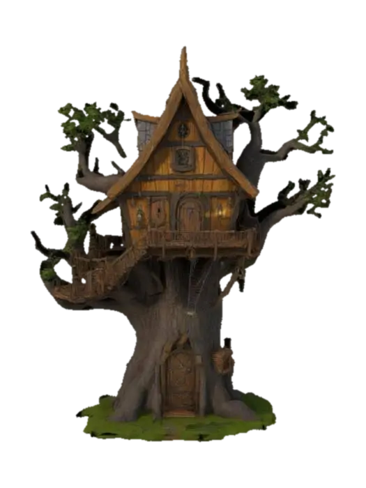 Design a Warcraft-style treehouse built into a thick, sturdy tree with a wide… 3D model, vytvořený pomocí AI