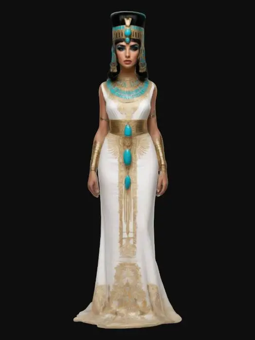 3D model for Create a regal Cleopatra figure inspired by Elizabeth Taylor’s iconic portrayal. Capture her distinctive facial features—high cheekbones, refined nose, and classic Hollywood glamour. Dress her in a lavish, flowing gown of white linen and gold accents, fitted at the waist, with elaborate Egyptian jewelry: a broad collar necklace, matching cuffs, and a tall, ornate headdress featuring symbolic motifs (e.g., the uraeus serpent). Pose her gracefully, exuding poise and authority.