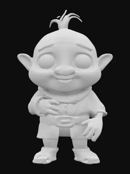 3D model for Design a whimsical chibi Igor from The Hunchback of Notre Dame with a short, rounded body, large, endearing eyes, and an exaggerated hunch. He wears tattered medieval clothes in earthy tones and carries a shy, sweet expression. Keep proportions small but expressive, emphasizing a big head, plump cheeks, and stubby limbs. Texture his outfit with subtle tears and worn fabric. Give him a pale complexion and bright, cartoonish eyes, ensuring a playful, lovable look despite his hunched form.