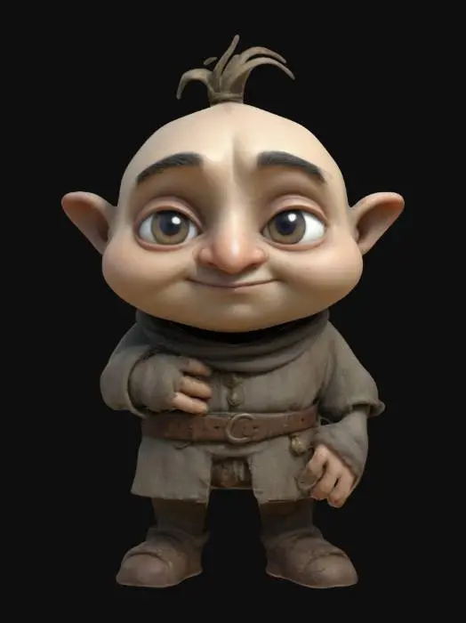 3D model for Design a whimsical chibi Igor from The Hunchback of Notre Dame with a short, rounded body, large, endearing eyes, and an exaggerated hunch. He wears tattered medieval clothes in earthy tones and carries a shy, sweet expression. Keep proportions small but expressive, emphasizing a big head, plump cheeks, and stubby limbs. Texture his outfit with subtle tears and worn fabric. Give him a pale complexion and bright, cartoonish eyes, ensuring a playful, lovable look despite his hunched form.