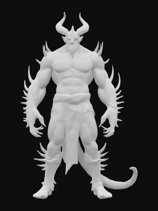 3D model for Design a towering, four-armed Shokan warrior inspired by Goro from Mortal Kombat. He stands over seven feet tall with a broad, muscular torso, draconic facial features, and two powerful pairs of arms. Each arm should be clearly defined, flexing prominent muscles. Give him a fierce stance, wearing minimal armor around the waist, spiked gauntlets, and bold details like ridges on his forehead. Emphasize raw strength and an intimidating presence.
