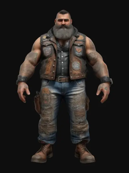 3D model for Design a towering, intimidating biker man with broad shoulders, muscular arms, and a confident stance. He wears a worn leather vest with patches, tattered jeans, and heavy boots. Give him a thick beard or stubble, plus a rugged hairstyle (slicked back or shaved sides). Pose him crossing his arms or holding a chain, exuding toughness and authority. Add hints of tattoos on his arms or chest.