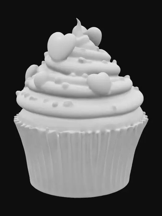 3D model for #valentine#, Design a single, elaborate cupcake with a swirled frosting top shaped into a heart-like swirl. Place small edible decorations (tiny hearts or sprinkles) over the frosting. The cupcake liner is ridged and slightly flared at the top, completing a sweet Valentine treat