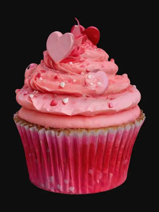 3D model for #valentine#, Design a single, elaborate cupcake with a swirled frosting top shaped into a heart-like swirl. Place small edible decorations (tiny hearts or sprinkles) over the frosting. The cupcake liner is ridged and slightly flared at the top, completing a sweet Valentine treat