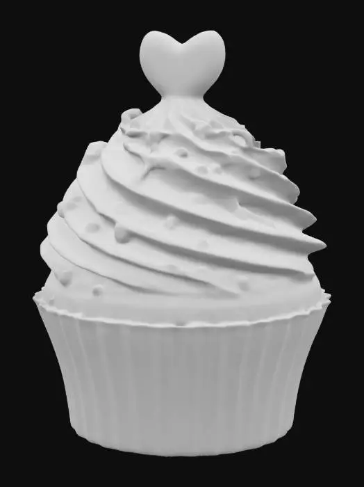 3D model for #valentine#, Design a single, elaborate cupcake with a swirled frosting top shaped into a heart-like swirl. Place small edible decorations (tiny hearts or sprinkles) over the frosting. The cupcake liner is ridged and slightly flared at the top, completing a sweet Valentine treat