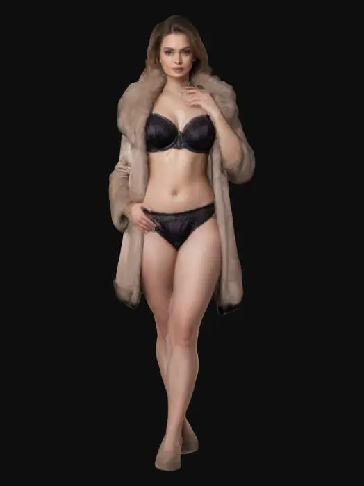 3D model for #valentine#, Design a glamorous female model wearing chic designer underwear and a luxurious fur coat draped open to reveal her confident pose. The coat should be mid-length with a voluminous collar, and the underwear set is stylish, featuring a supportive bra and matching bottoms. Pose the model elegantly, one hand resting on her hip, chin slightly raised. Emphasize poise and haute couture flair rather than overt sensuality, capturing a poised runway-inspired look.