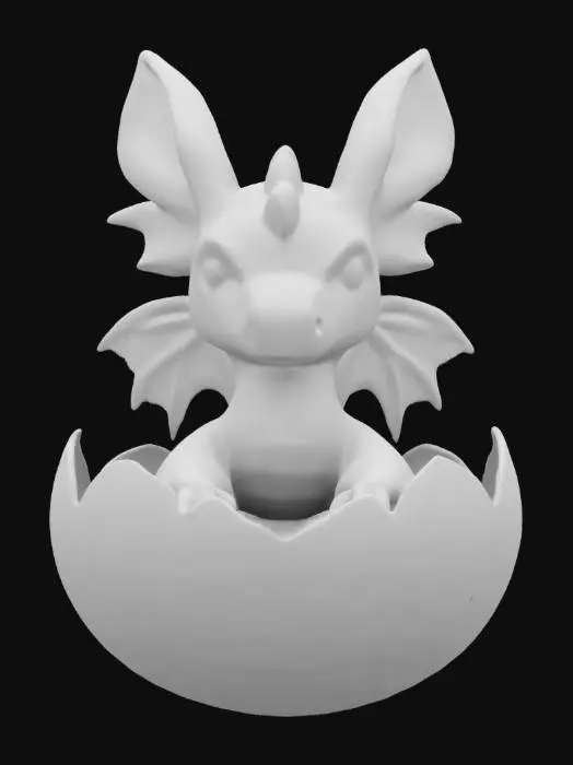 3D model for #valentine#, Design a baby dragon emerging from a heart-patterned Easter egg. Its scales have slight bunny ears on the head crest, referencing Easter. Pose it halfway out of the shell, wings partially unfurled, gazing around in wide-eyed wonder.
