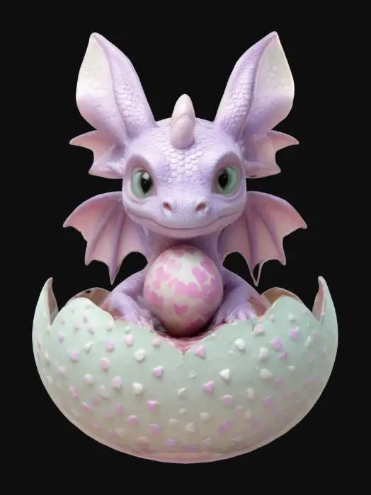 3D model for #valentine#, Design a baby dragon emerging from a heart-patterned Easter egg. Its scales have slight bunny ears on the head crest, referencing Easter. Pose it halfway out of the shell, wings partially unfurled, gazing around in wide-eyed wonder.