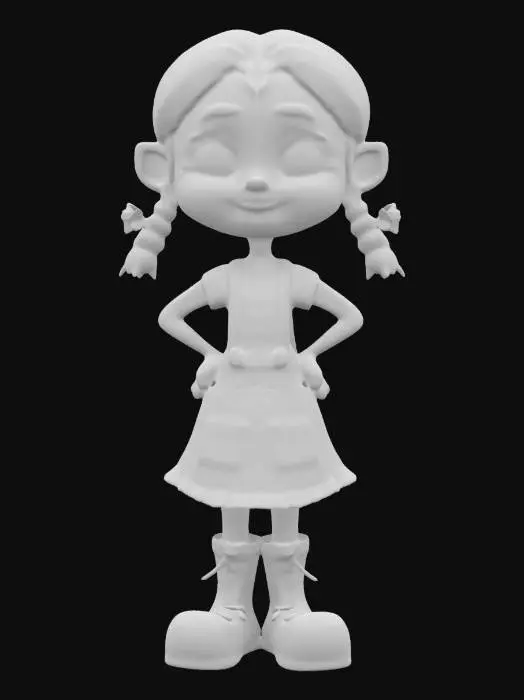 3D model for #valentine#,Model Pippi Longstocking. Give her bright red hair in two braids that stick out sideways, secured with colorful ties. She should wear a playful, mismatched outfit—like a patchwork dress —paired with striped stockings and sturdy boots. Emphasize a confident, mischievous stance: one hand on her hip, the other waving or holding a quirky accessory. Texture her clothing with bold, contrasting colors and simple patterns, highlighting the carefree, adventurous aura of a timeless free spirit