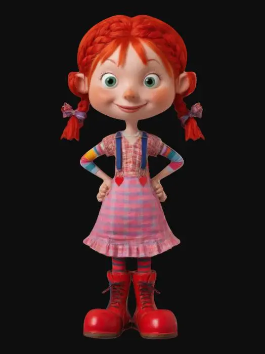 3D model for #valentine#,Model Pippi Longstocking. Give her bright red hair in two braids that stick out sideways, secured with colorful ties. She should wear a playful, mismatched outfit—like a patchwork dress —paired with striped stockings and sturdy boots. Emphasize a confident, mischievous stance: one hand on her hip, the other waving or holding a quirky accessory. Texture her clothing with bold, contrasting colors and simple patterns, highlighting the carefree, adventurous aura of a timeless free spirit