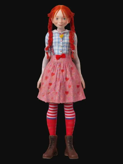 3D model for #valentine#,Model Pippi Longstocking. Give her bright red hair in two braids that stick out sideways, secured with colorful ties. She should wear a playful, mismatched outfit—like a patchwork dress —paired with striped stockings and sturdy boots. Emphasize a confident, mischievous stance: one hand on her hip, the other waving or holding a quirky accessory. Texture her clothing with bold, contrasting colors and simple patterns, highlighting the carefree, adventurous aura of a timeless free spirit