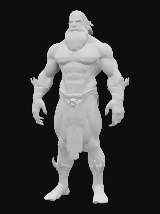 3D model for #valentine#,Design an imposing figure of Zeus that appears ominously possessed, standing in a classic Greek stance with a twisted expression of unnatural rage—sunken eyes glowing faint red. Cracks spread along his arms and torso, each line pulsing with eerie light. The surface reveals intricate sculpted details—flowing beard, chiseled musculature—now partly corroded by a malevolent force. Dark, swirling shadows coil at his feet, amplifying his ominous aura.