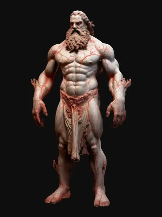 3D model for #valentine#,Design an imposing figure of Zeus that appears ominously possessed, standing in a classic Greek stance with a twisted expression of unnatural rage—sunken eyes glowing faint red. Cracks spread along his arms and torso, each line pulsing with eerie light. The surface reveals intricate sculpted details—flowing beard, chiseled musculature—now partly corroded by a malevolent force. Dark, swirling shadows coil at his feet, amplifying his ominous aura.