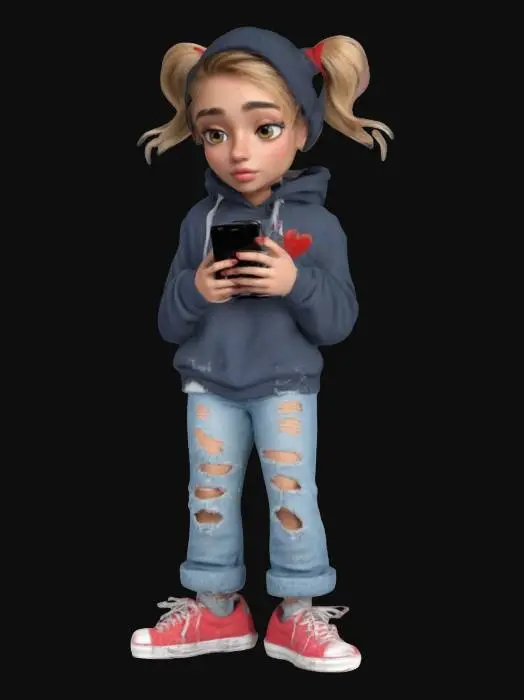 3D model for #valentine#, Design a modern teenager slouching with a bored expression, wearing an oversized hoodie, ripped jeans, and sneakers, lazily holding a phone. Hair is casually styled—messy, ponytail, or under a beanie. Texture the hoodie faded with soft fabric creases, jeans slightly frayed, and sneakers scuffed. The phone screen glows faintly, reflecting their detached, too-cool-to-care attitude.
