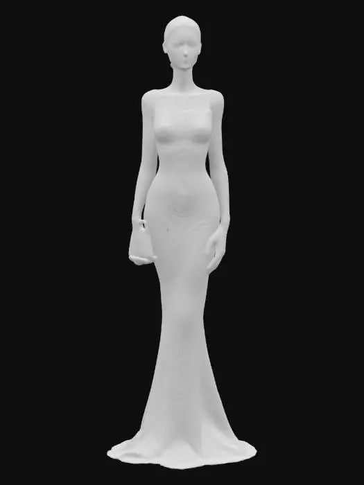 3D model for #women#, Design a realistic life-size cardboard cutout depicting an elegant woman standing gracefully in a refined pose. She wears a sophisticated evening gown with subtle folds, defined silhouette, and flowing lines. Clearly sculpted facial features, neatly styled hair, and detailed accessories such as jewelry or a clutch bag enhance her elegant appearance. Model the cutout with a sturdy, flat base for support.