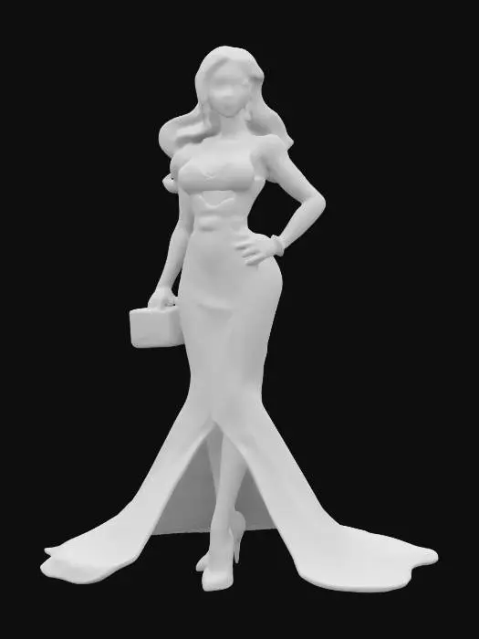 3D model for #women#, "Design a detailed, stylish Hollywood Barbie figurine in a glamorous pose. She wears an elegant evening gown, fitted to showcase classic Barbie proportions, with a long flowing skirt and fitted bodice. Add glamorous accessories like high heels, jewelry, and a designer clutch. Her hairstyle is voluminous and styled elegantly, and her facial expression conveys sophistication and charm. Pose confidently as if on a red carpet