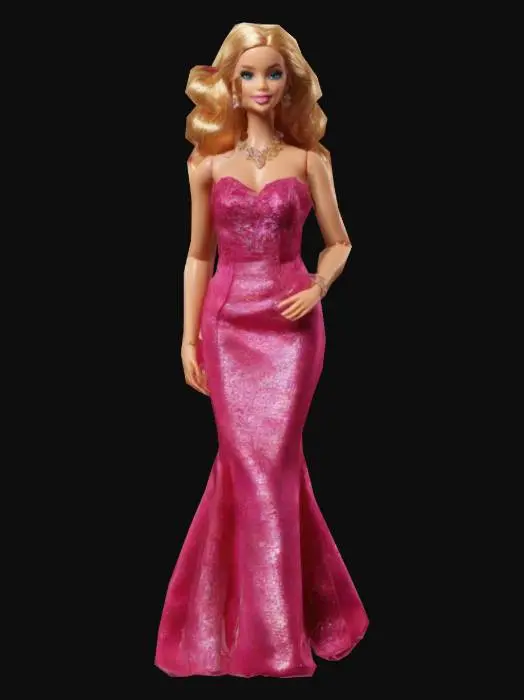 3D model for #women#, "Design a detailed, stylish Hollywood Barbie figurine in a glamorous pose. She wears an elegant evening gown, fitted to showcase classic Barbie proportions, with a long flowing skirt and fitted bodice. Add glamorous accessories like high heels, jewelry, and a designer clutch. Her hairstyle is voluminous and styled elegantly, and her facial expression conveys sophistication and charm. Pose confidently as if on a red carpet