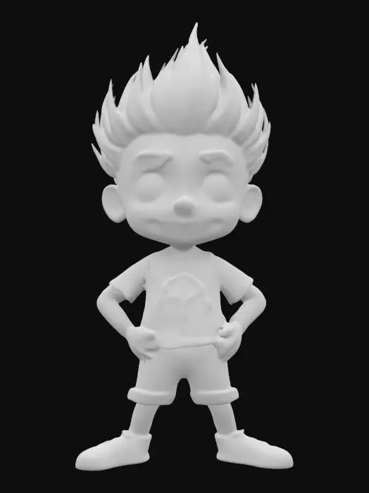 3D model for Design a detailed, stylized model of Jimmy Neutron from 'Jimmy Neutron: Boy Genius.' Capture his iconic large, exaggerated head shape with distinctive gravity-defying hairstyle. Include expressive cartoon-like facial features, big curious eyes, and trademark outfit: red T-shirt featuring a yellow atom symbol, denim shorts, and simple sneakers. Pose Jimmy in a confident, inventor-style stance, highlighting his personality.