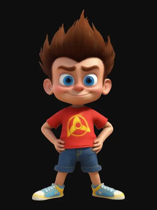 3D model for Design a detailed, stylized model of Jimmy Neutron from 'Jimmy Neutron: Boy Genius.' Capture his iconic large, exaggerated head shape with distinctive gravity-defying hairstyle. Include expressive cartoon-like facial features, big curious eyes, and trademark outfit: red T-shirt featuring a yellow atom symbol, denim shorts, and simple sneakers. Pose Jimmy in a confident, inventor-style stance, highlighting his personality.