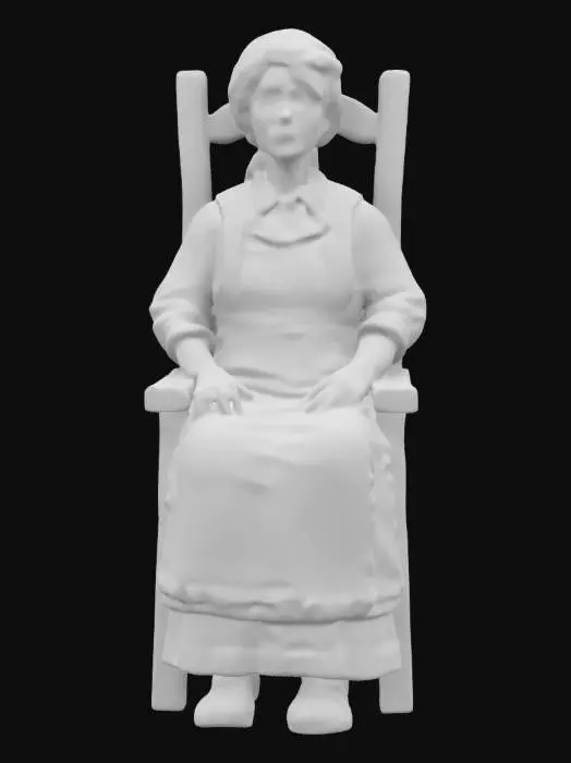 3D model for #women#, Create a realistic model of Betsy Ross seated in a wooden colonial-era chair, facing forward with a warm, friendly smile. She is hand-sewing the first American flag, naturally draped over her lap. Accurately depict her historical attire: bonnet, apron, and simple colonial-era dress. Pose her confidently upright with clear, detailed fabric folds and stitching gesture, conveying historical authenticity.