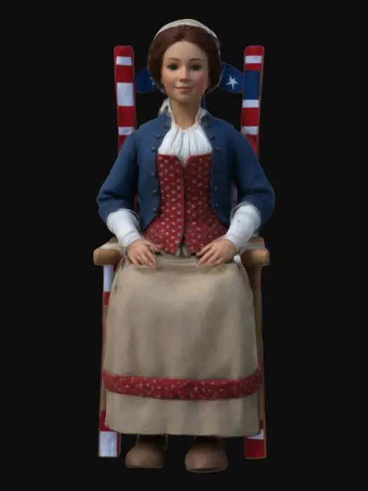 3D model for #women#, Create a realistic model of Betsy Ross seated in a wooden colonial-era chair, facing forward with a warm, friendly smile. She is hand-sewing the first American flag, naturally draped over her lap. Accurately depict her historical attire: bonnet, apron, and simple colonial-era dress. Pose her confidently upright with clear, detailed fabric folds and stitching gesture, conveying historical authenticity.