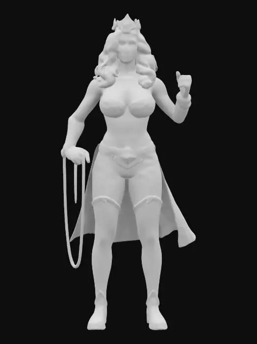 3D model for #women#, Create a detailed, realistic 3D model of Lynda Carter as Wonder Woman, standing confidently in her classic heroic pose from the iconic 1970s TV series. Depict her clearly recognizable features, classic Wonder Woman costume with star-spangled shorts, golden eagle chestplate, bracelets, tiara, and lasso at her waist. Pose her powerfully with hands on hips, capturing her iconic confidence, strength, and elegance.