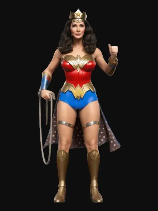 3D model for #women#, Create a detailed, realistic 3D model of Lynda Carter as Wonder Woman, standing confidently in her classic heroic pose from the iconic 1970s TV series. Depict her clearly recognizable features, classic Wonder Woman costume with star-spangled shorts, golden eagle chestplate, bracelets, tiara, and lasso at her waist. Pose her powerfully with hands on hips, capturing her iconic confidence, strength, and elegance.