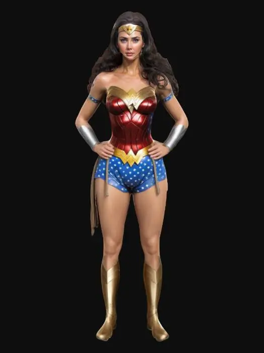 3D model for #women#, Create a detailed, realistic 3D model of Lynda Carter as Wonder Woman, standing confidently in her classic heroic pose from the iconic 1970s TV series. Depict her clearly recognizable features, classic Wonder Woman costume with star-spangled shorts, golden eagle chestplate, bracelets, tiara, and lasso at her waist. Pose her powerfully with hands on hips, capturing her iconic confidence, strength, and elegance.