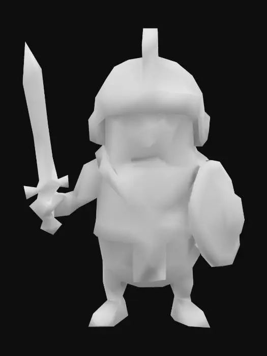 3D model for Design a humorous, low-poly pickle warrior character standing upright, showcasing exaggerated bravery. Give it a cylindrical pickle body with bumpy texture, cartoonish eyes, a fierce expression, and simple warrior gear like a helmet, sword, or shield. Texture in vibrant green tones with clear, minimal detailing to emphasize comedic appeal and playful personality, ideal for VR.