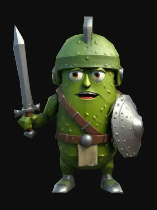 3D model for Design a humorous, low-poly pickle warrior character standing upright, showcasing exaggerated bravery. Give it a cylindrical pickle body with bumpy texture, cartoonish eyes, a fierce expression, and simple warrior gear like a helmet, sword, or shield. Texture in vibrant green tones with clear, minimal detailing to emphasize comedic appeal and playful personality, ideal for VR.