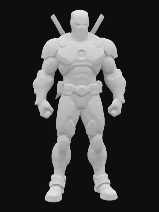 3D model for #game figure#, Design a detailed, dynamic superhero figure combining Iron Man's high-tech armor and Deadpool's iconic style. Merge Iron Man’s metallic, segmented suit with Deadpool’s red-and-black color scheme, distinctive eye patterns, utility belts, and weapon holsters. Include detailed armor plating, clear joints, and expressive eyes on the mask. Pose confidently in action-ready stance, showcasing both Iron Man’s advanced armor elements and Deadpool’s playful, humorous personality.