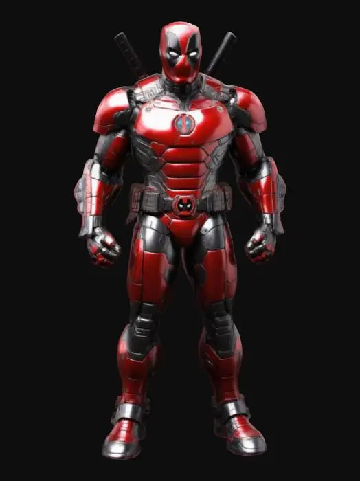 3D model for #game figure#, Design a detailed, dynamic superhero figure combining Iron Man's high-tech armor and Deadpool's iconic style. Merge Iron Man’s metallic, segmented suit with Deadpool’s red-and-black color scheme, distinctive eye patterns, utility belts, and weapon holsters. Include detailed armor plating, clear joints, and expressive eyes on the mask. Pose confidently in action-ready stance, showcasing both Iron Man’s advanced armor elements and Deadpool’s playful, humorous personality.