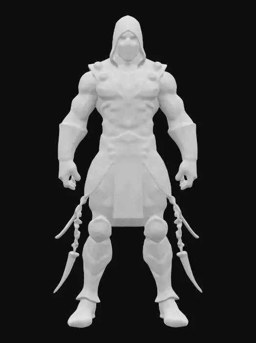 3D model for #game figure#, Design a detailed, realistic 3D model of Scorpion from Mortal Kombat. Capture his powerful build, intense menacing expression, and iconic ninja attire: black and golden-yellow armor, hooded mask covering lower face, and textured arm guards. Pose dynamically holding a metallic, sharpened kunai attached to a chain. Clearly define fabric textures, muscular details, and armor segments, emphasizing realism, fierce intensity, and accurate portrayal of this legendary character.