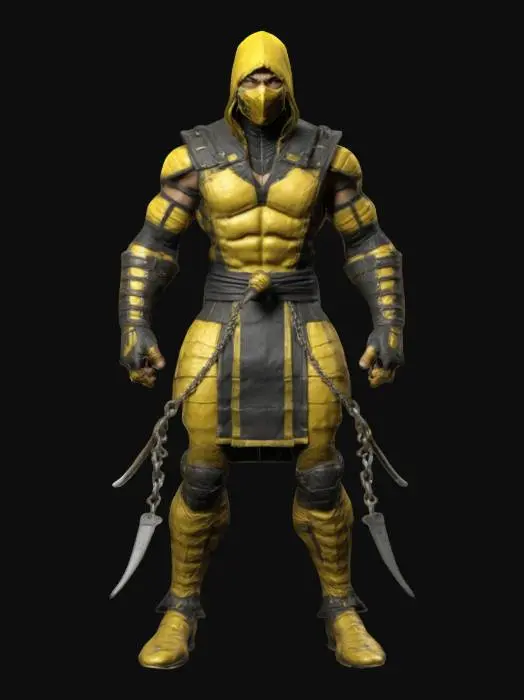 3D model for #game figure#, Design a detailed, realistic 3D model of Scorpion from Mortal Kombat. Capture his powerful build, intense menacing expression, and iconic ninja attire: black and golden-yellow armor, hooded mask covering lower face, and textured arm guards. Pose dynamically holding a metallic, sharpened kunai attached to a chain. Clearly define fabric textures, muscular details, and armor segments, emphasizing realism, fierce intensity, and accurate portrayal of this legendary character.