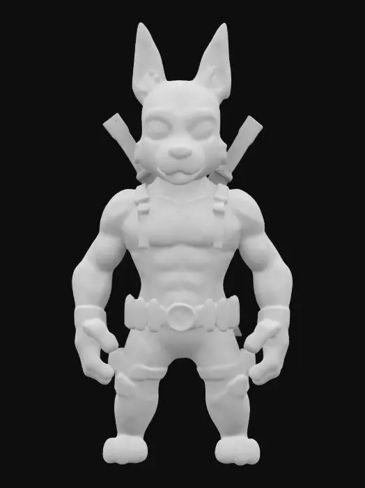 3D model for #game figure#, "Create a detailed, playful model of Dogpool (Deadpool’s canine variant) wearing a tailored, form-fitting red-and-black Deadpool suit. Clearly define mask features including expressive white eyes, perked-up ears, and humorous, mischievous expression. Model the dog’s physique realistically yet cartoonishly athletic. Include small accessory pouches and utility belt. Texture with vibrant red and black fabric patterns, slight wear, and humorous character details."