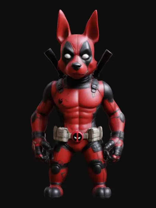 3D model for #game figure#, "Create a detailed, playful model of Dogpool (Deadpool’s canine variant) wearing a tailored, form-fitting red-and-black Deadpool suit. Clearly define mask features including expressive white eyes, perked-up ears, and humorous, mischievous expression. Model the dog’s physique realistically yet cartoonishly athletic. Include small accessory pouches and utility belt. Texture with vibrant red and black fabric patterns, slight wear, and humorous character details."